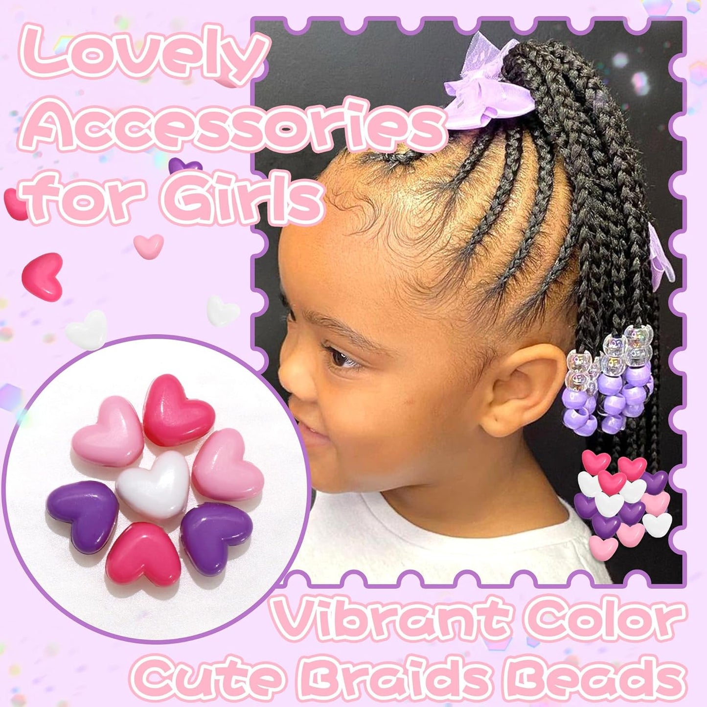 90PCS Heart Hair Beads for Braids Blue Pink Loc Dreadlock Valentine's Day Bead Accessories Purple Cute Acrylic Heart Shape Beads for Kids Girls