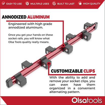 Olsa Tools Aluminum Socket Organizer, 3pc Set - Yellow Socket Holder Kit 1/2-Inch, 3/8-Inch, and 1/4-Inch Drive - Holds 58 Chrome or Impact Sockets - Professional Grade Socket Rails - Part: 1110