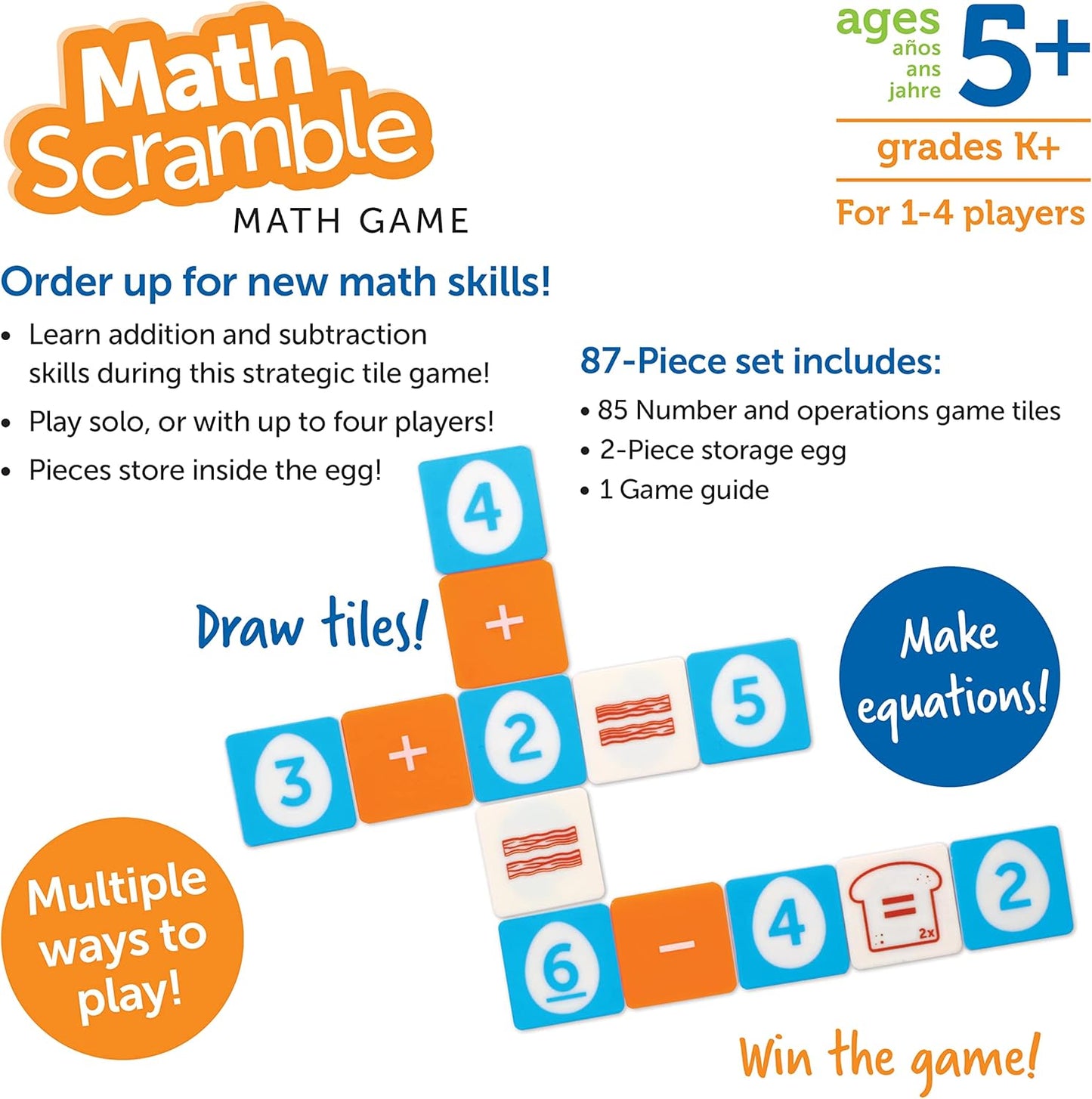 Learning Resources Math Scramble Game - 87 pieces, Ages 5+, Math Manipulatives for Kids, Addition and Subtraction, STEM