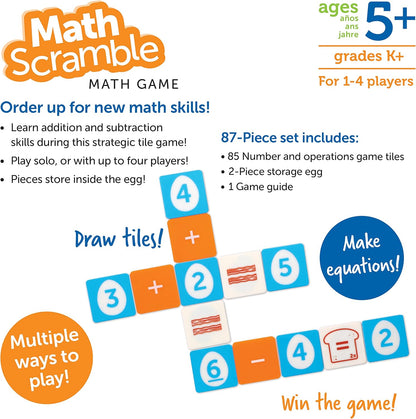 Learning Resources Math Scramble Game - 87 pieces, Ages 5+, Math Manipulatives for Kids, Addition and Subtraction, STEM