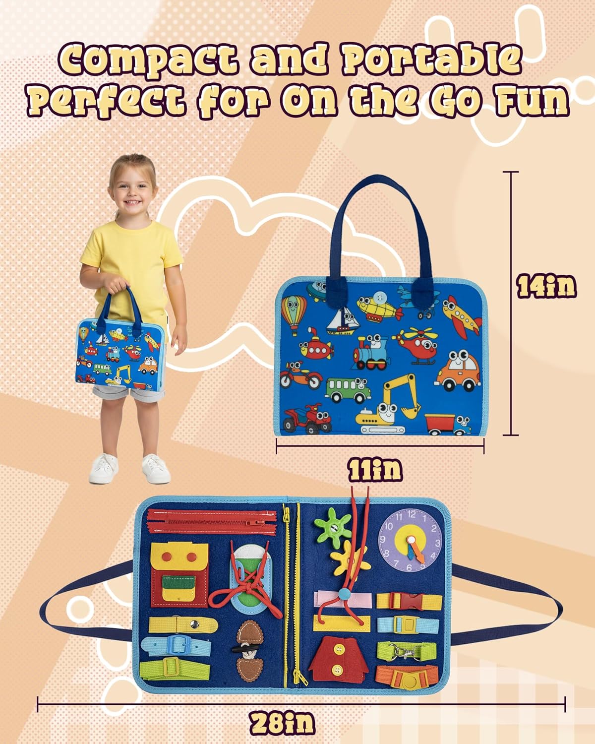 Montessori Busy Book for Toddlers, 8-Page Sensory Activity Book for Fine Motor Skills & Basic Dress Learning, Portable Travel Toy for Preschool Kids, Birthday Gift for Boys and Girls (Blue)