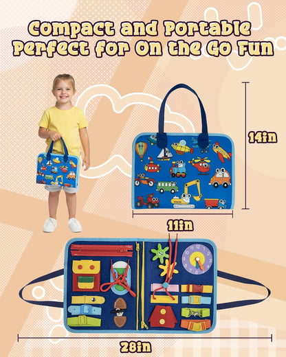 Montessori Busy Book for Toddlers, 8-Page Sensory Activity Book for Fine Motor Skills & Basic Dress Learning, Portable Travel Toy for Preschool Kids, Birthday Gift for Boys and Girls (Blue)