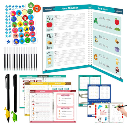 Grooved Handwriting Practice for Kids, Magic Grooved Writing Practice Books, 7 Reusable Tracing Workbooks for Preschool & Kindergarten, Learn Letters & Numbers for Ages 3–8 (7)