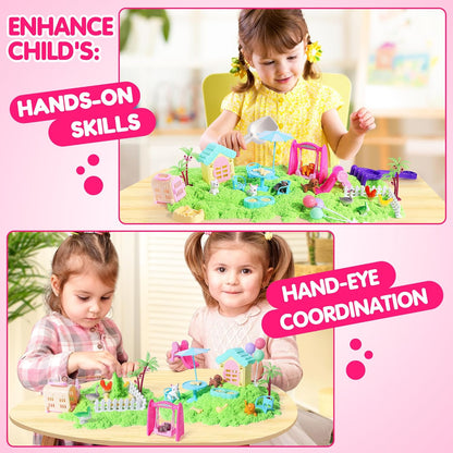 Billeeit Pet Sensory Bin Sand Toy with 2.2lbs Green Moldable Sand, Dog ＆ Cat Play Sand Kit for Boys and Girls Including 28pcs Accessories Total, Sand Box Toys Gift for Kids 3+ Indoor Creativity
