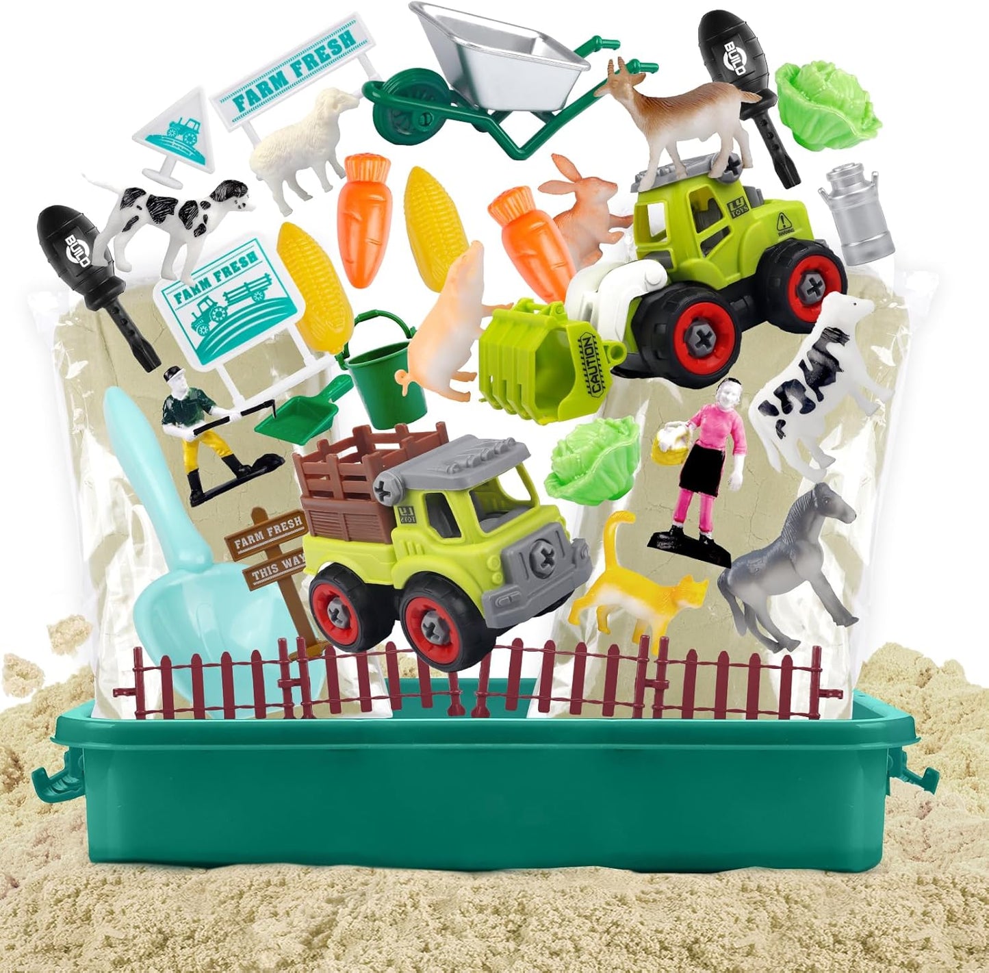 Aliex Farm Sensory Bin, Farm Sensory Kits Toy with 2.2lbs Play Sand, 31pcs Animals Trucks Creativity Magic Sand Box with Lid, Christmas Birthday Gift for Boys Kids Toddlers Ages 3 4 5 6 7 8