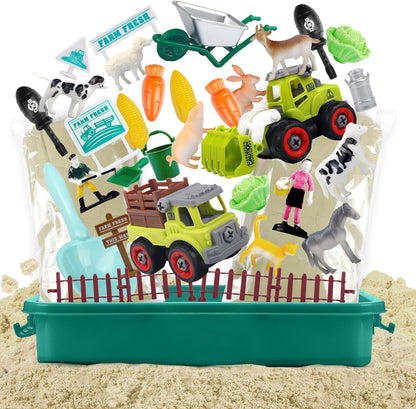 Aliex Farm Sensory Bin, Farm Sensory Kits Toy with 2.2lbs Play Sand, 31pcs Animals Trucks Creativity Magic Sand Box with Lid, Christmas Birthday Gift for Boys Kids Toddlers Ages 3 4 5 6 7 8