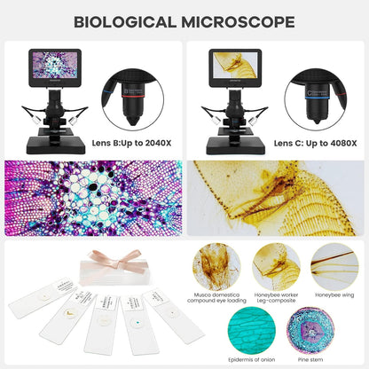 Andonstar AD246S-P HDMI Digital Microscope with 7'' Screen, 4000x 3 Lens 2160P UHD Video Record, Coin Microscope for Error Coins, Biological Microscope Kit for Adults and Kids, Prepred Slides