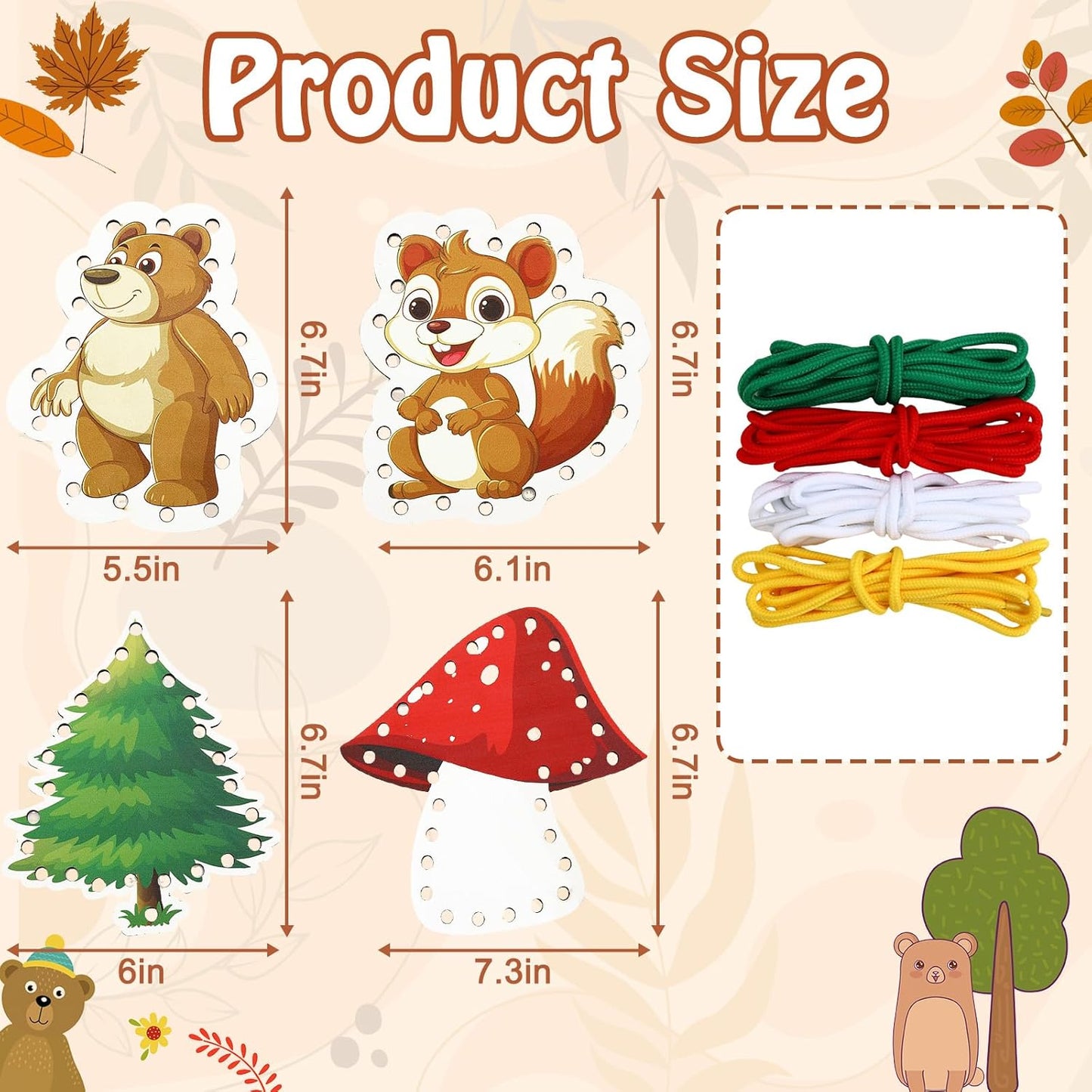 Montessori Wooden-Lacing Cards, Fine Motor Skills, Cute Bear Lacing Cards (Forest)