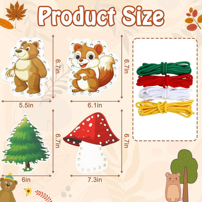 Montessori Wooden-Lacing Cards, Fine Motor Skills, Cute Bear Lacing Cards (Forest)