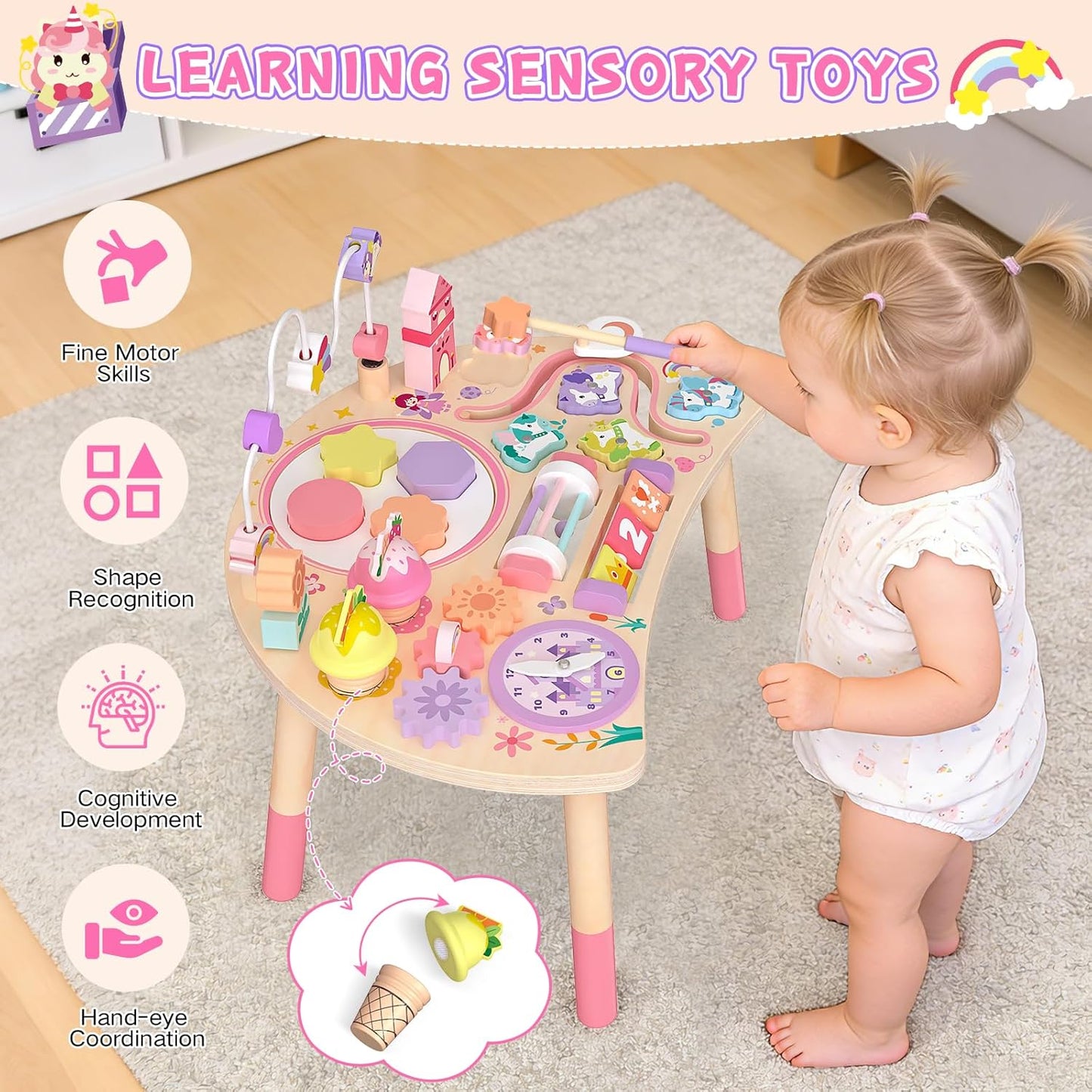 Wooden Activity Table for Toddlers 1-3, Unicorn 10-in-1 Montessori Busy Board with Bead Maze Shape Matching Gears Clock, Sensory Learning Toys for 1 2 3 Year Old Girls Boys Birthday Gift