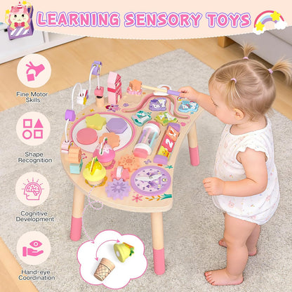 Wooden Activity Table for Toddlers 1-3, Unicorn 10-in-1 Montessori Busy Board with Bead Maze Shape Matching Gears Clock, Sensory Learning Toys for 1 2 3 Year Old Girls Boys Birthday Gift