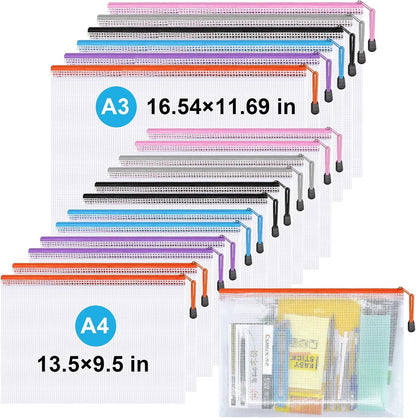 Krvyrn Mesh Zipper Pouches, 12 Pack A3 Waterproof Zipper Pouches for Board Game Storage, Puzzle Storage, Office and School Supplies, Home, Travel Organizer