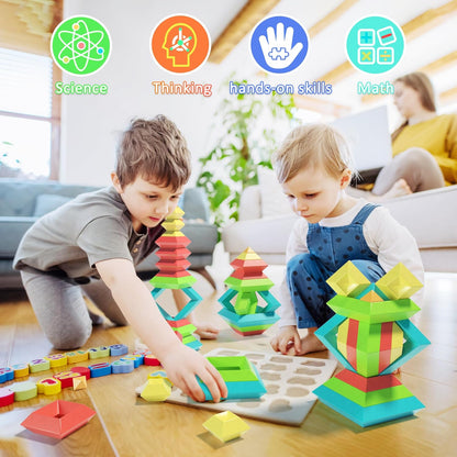 100Pcs Montessori Toys for Ages 1-3 2-5 Toddlers Kids Baby,Pyramid Stacking Building Toys,3D Preschool Learning Blocks for Kids,STEM Sensory Toy Gifts for 2-4 Year Old Boy Girl,Big Plastic Storage Box