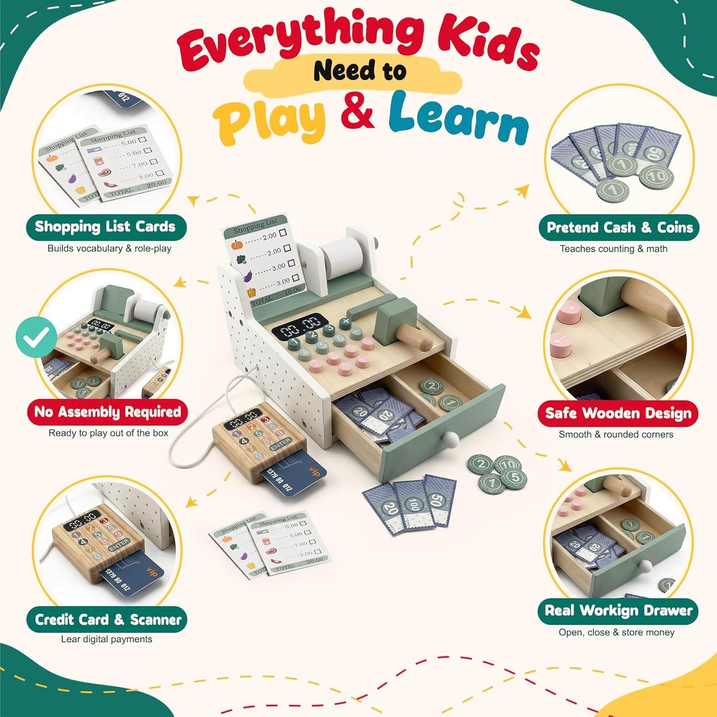 Montessori Wooden Cash Register Toy, Pretend Supermarket Play Set (Ages 3+)
