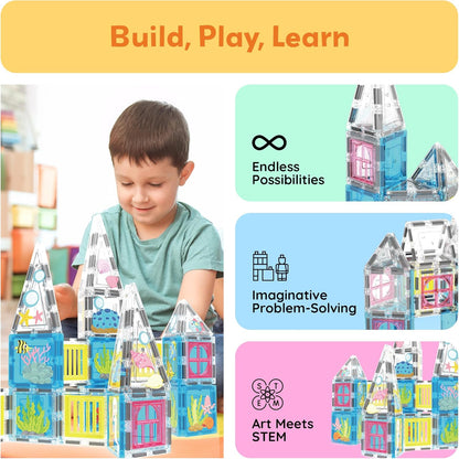 PicassoTiles Magnetic Tiles Magnet Tile Building Blocks Marine Animal World Themed Set with 8 Ocean Character Action Figures STEM Learning Toy Construction Toddlers Boys Girls Ages 3+ PTQ25
