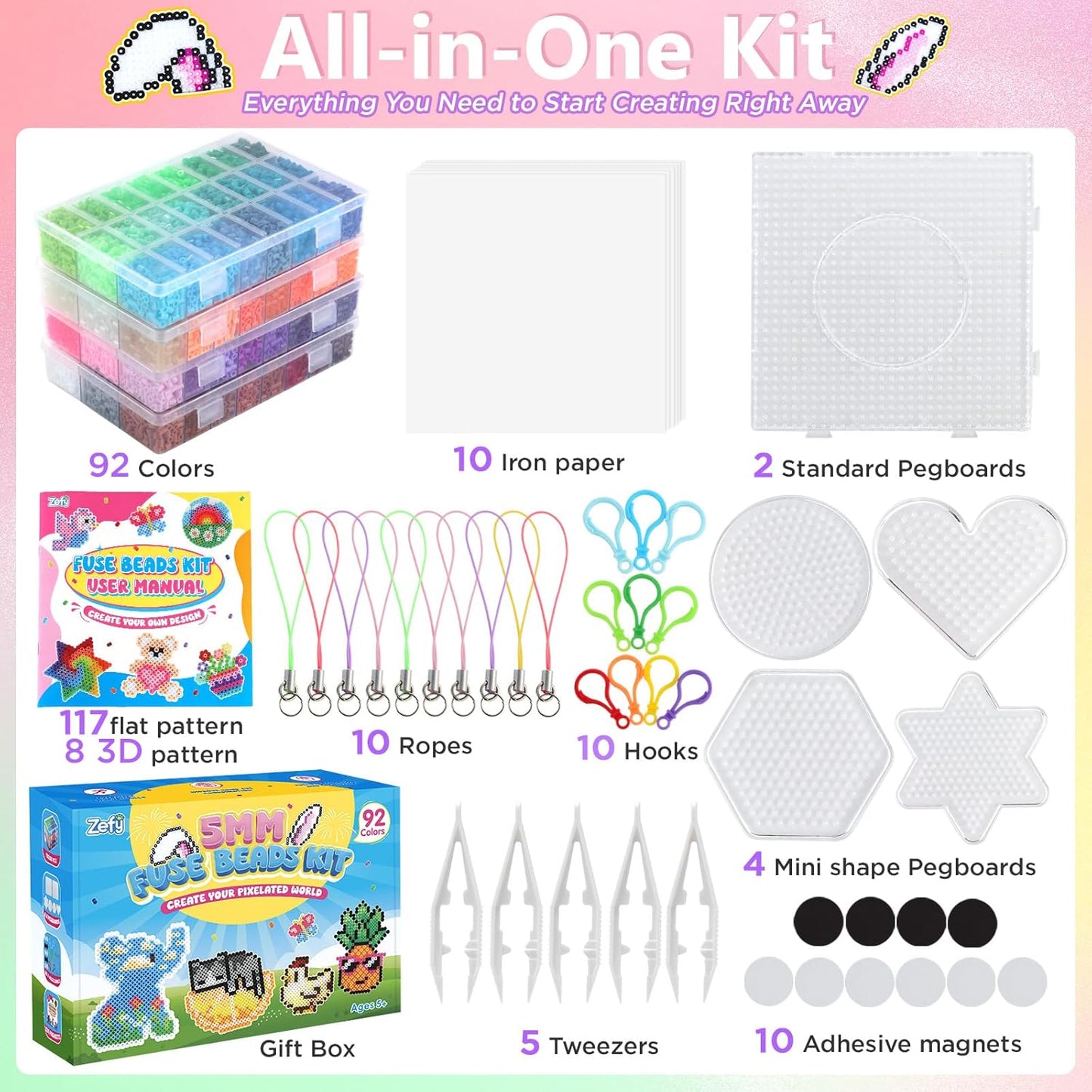 Zefy Fuse Beads Kit 92 Colors 19200 Pcs Melting Beads 5mm, Including 124 Patterns, 6 Pegboards, Ironing Paper, Tweezers & Hooks, Home School Arts and Crafts for Kids, Toys Gifts for Girls and Boys