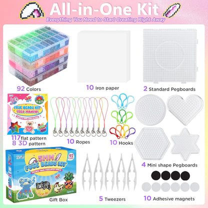 Zefy Fuse Beads Kit 92 Colors 19200 Pcs Melting Beads 5mm, Including 124 Patterns, 6 Pegboards, Ironing Paper, Tweezers & Hooks, Home School Arts and Crafts for Kids, Toys Gifts for Girls and Boys