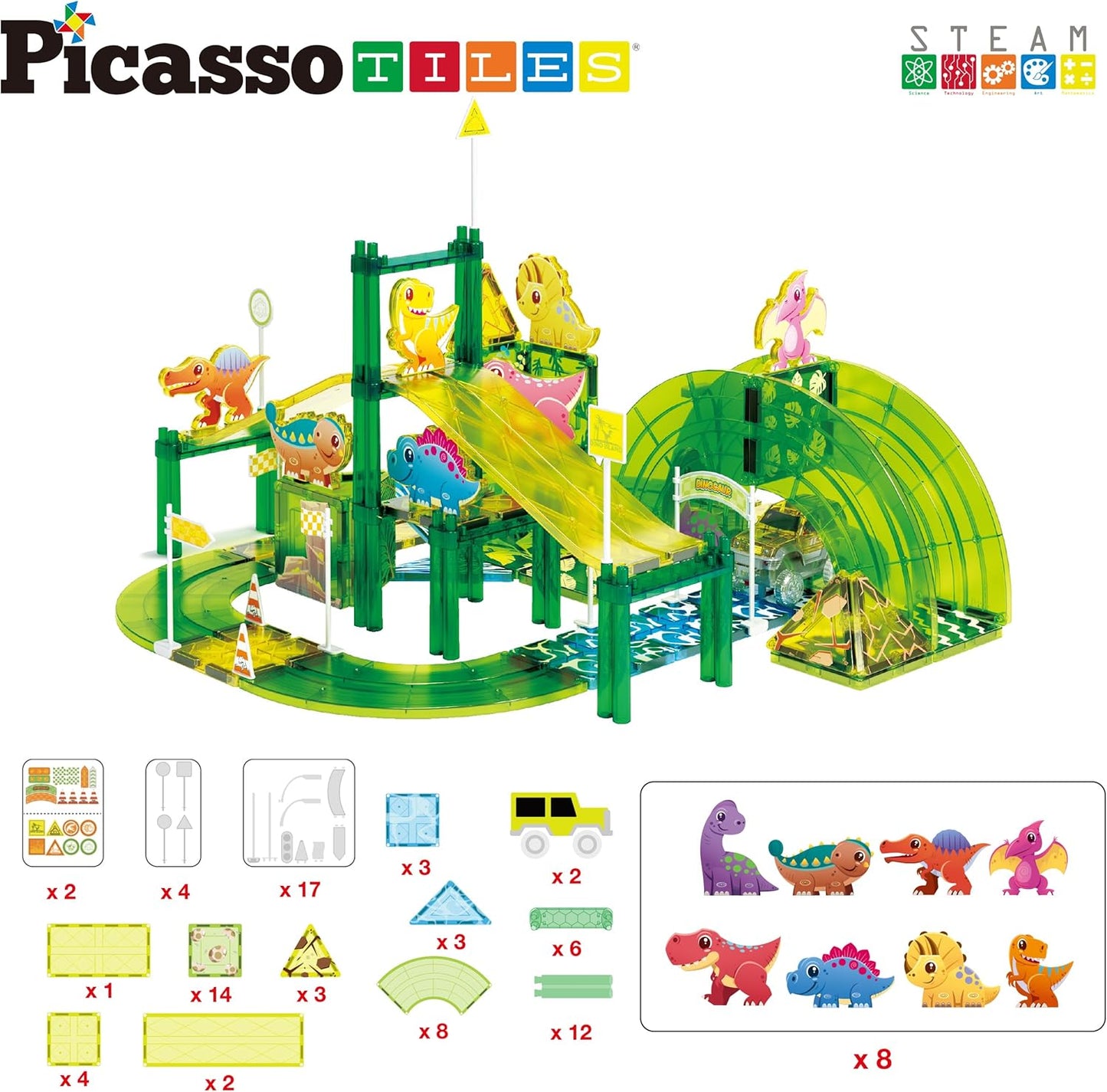 PicassoTiles Magnetic Tiles Race Track Car Thrilling Toy Playset Includes 2 Racing Trucks STEM Educational Magnet Tile Building Block Construction Set for Toddlers Boys Girls Ages 3 and Older PTR30