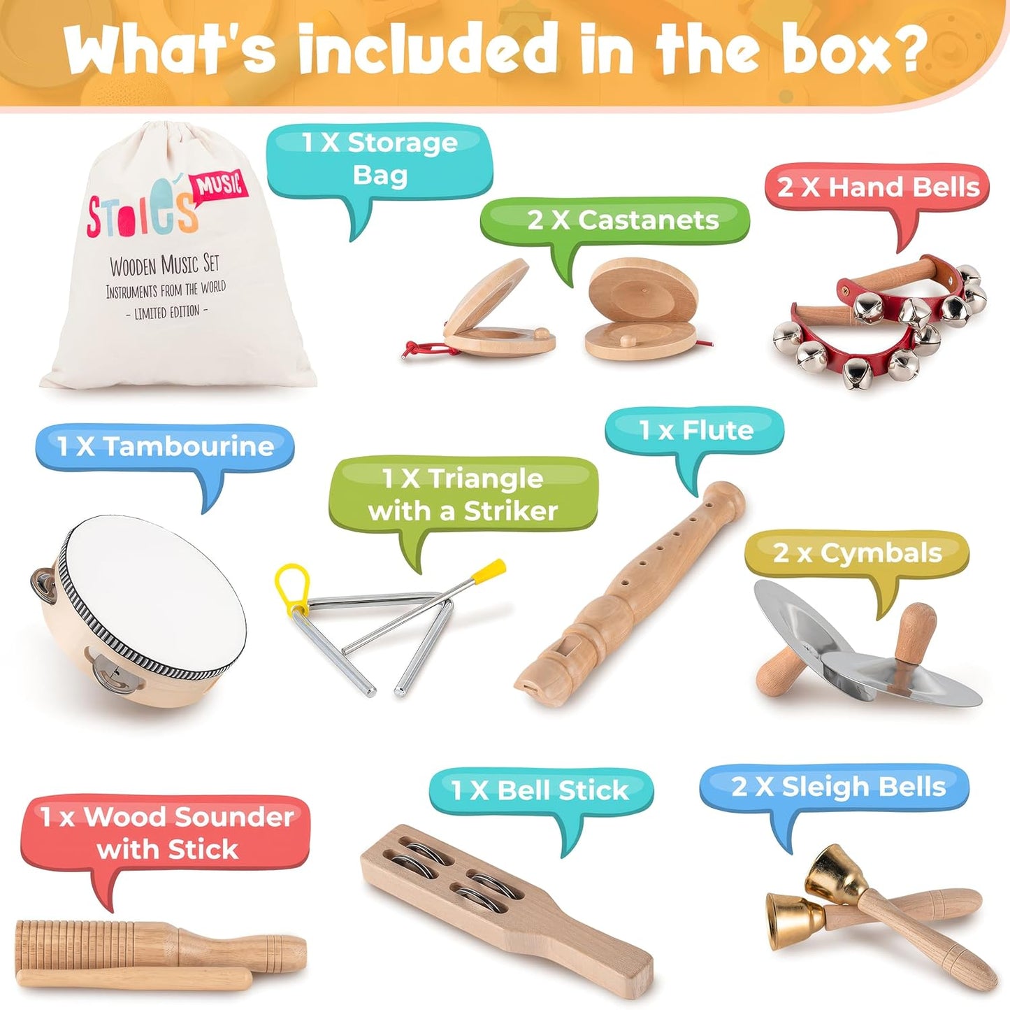 Stoie's Wooden Toddler Musical Instruments with Drum, Hand Bells, Flute, Maracas, Castanet, Tamburine, for Babies and Kids, Eco Friendly Montessori Educational Toy