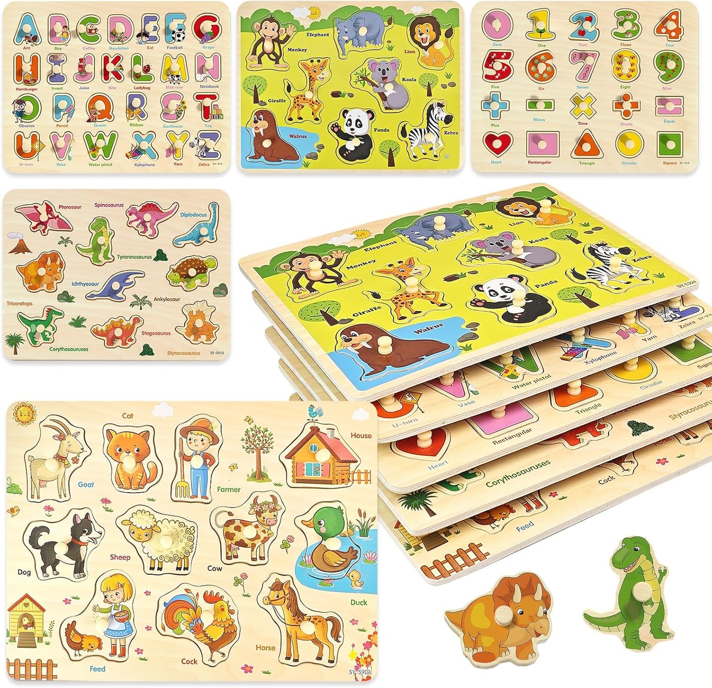 Wooden Peg Puzzle for Toddlers 2-4, 5 Pack Montessori Toys Learning Educational Puzzles for Kids Girls Boys 2 3 4 Yesrs Old with Dinosaurs Farm Animal Number