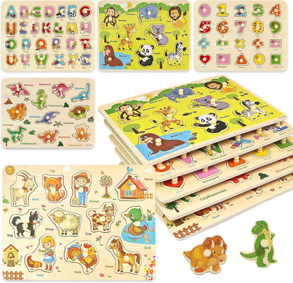 Wooden Peg Puzzle for Toddlers 2-4, 5 Pack Montessori Toys Learning Educational Puzzles for Kids Girls Boys 2 3 4 Yesrs Old with Dinosaurs Farm Animal Number
