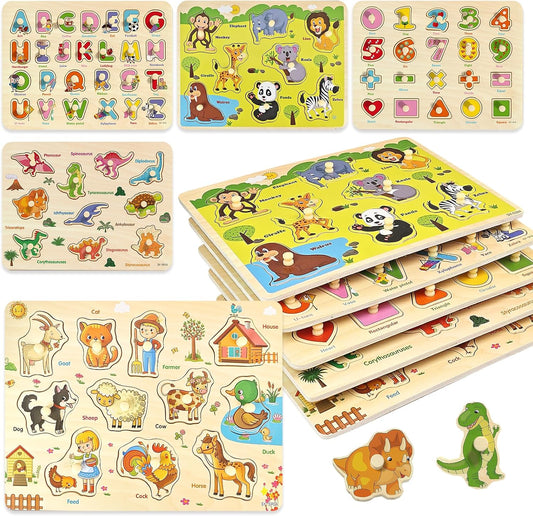 Wooden Peg Puzzle for Toddlers 2-4, 5 Pack Montessori Toys Learning Educational Puzzles for Kids Girls Boys 2 3 4 Yesrs Old with Dinosaurs Farm Animal Number