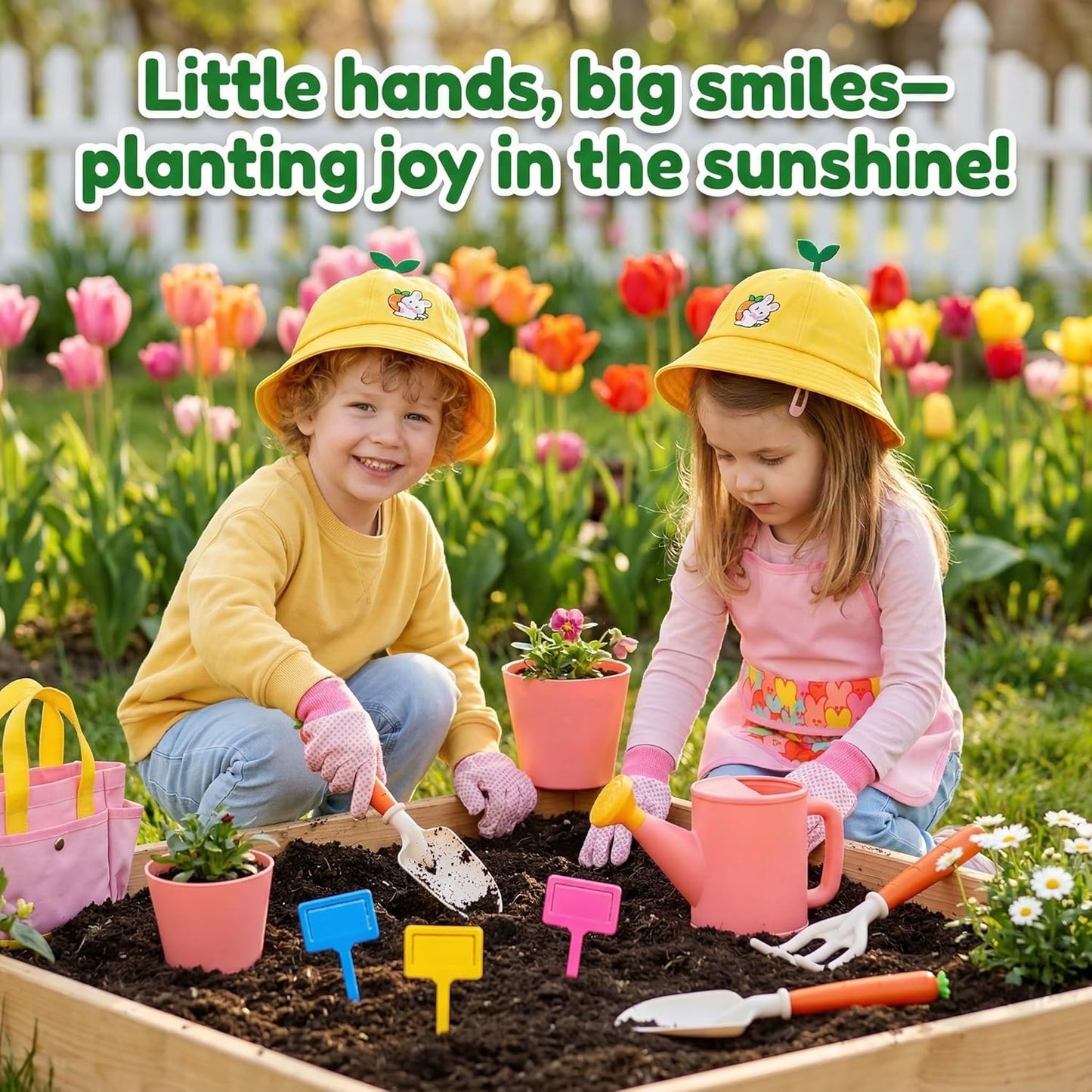 JOI MEW Kids Gardening Tools Set, Garden Toys w/Wooden Handle Alloy Rake,Fork,Trowel, Watering Can,Gloves,Tote Bag,Plant pots, DIY Bookmark Kits, Spring Summer Toy Outdoor Gift for Toddler Boy Girl