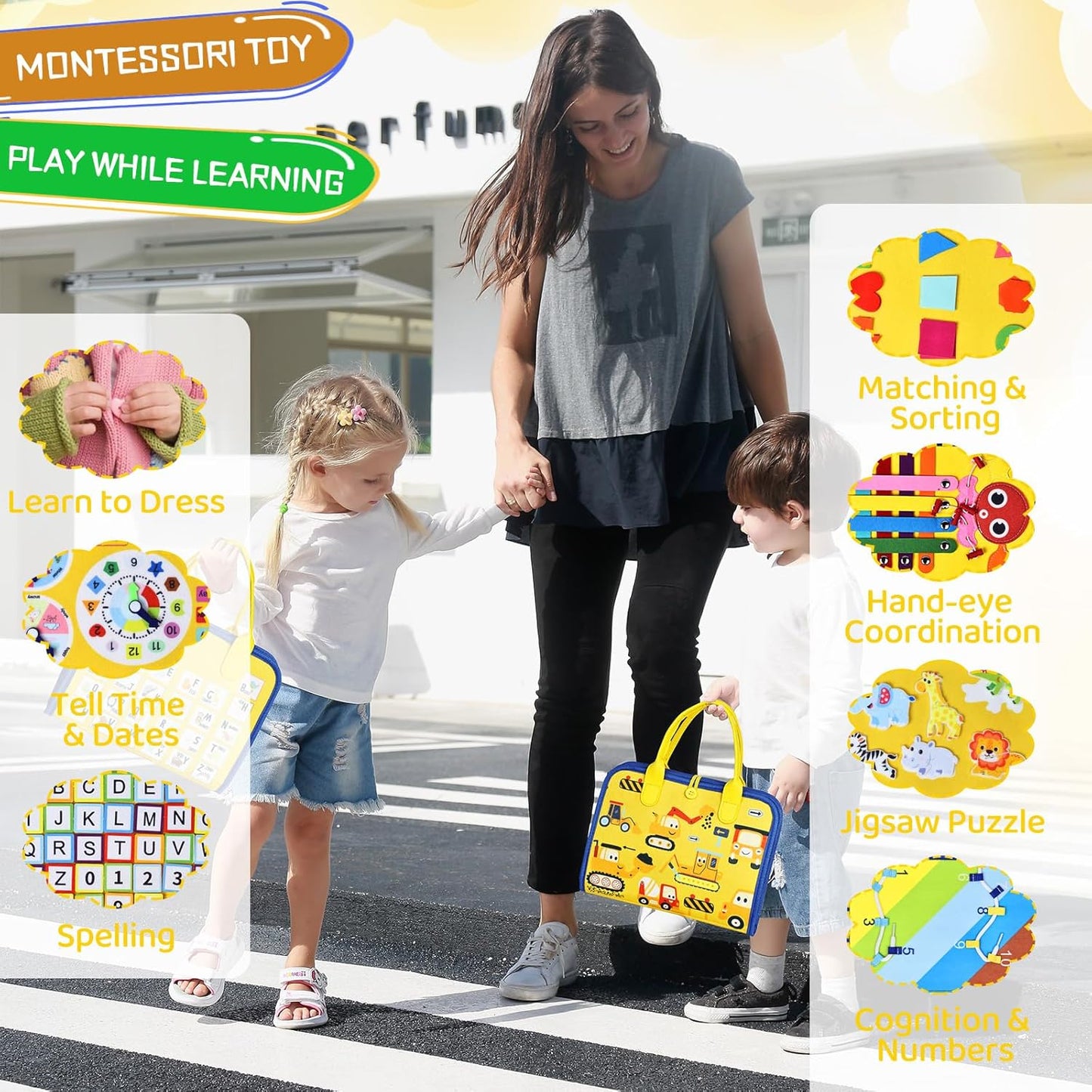 Esjay Toddler Busy Board Montessori Toys for Boys Girls, Sensory Book Educational Activities for Learning Fine Motor Skills, Birthday Gifts for Toddlers, Travel Toys for Airplane Car, White Dinosaur