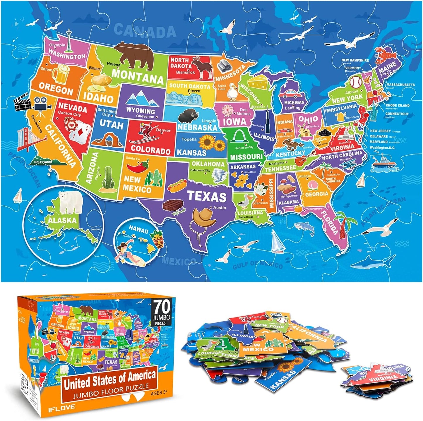 Jumbo Floor Puzzle for Kids,World Map Jigsaw Geography Puzzles,48 Piece Globe Atlas Puzzle with Continents,United States Puzzle for Ages 3-5,Preschool Learning Toys Easter Gift for 4-8 Years Old