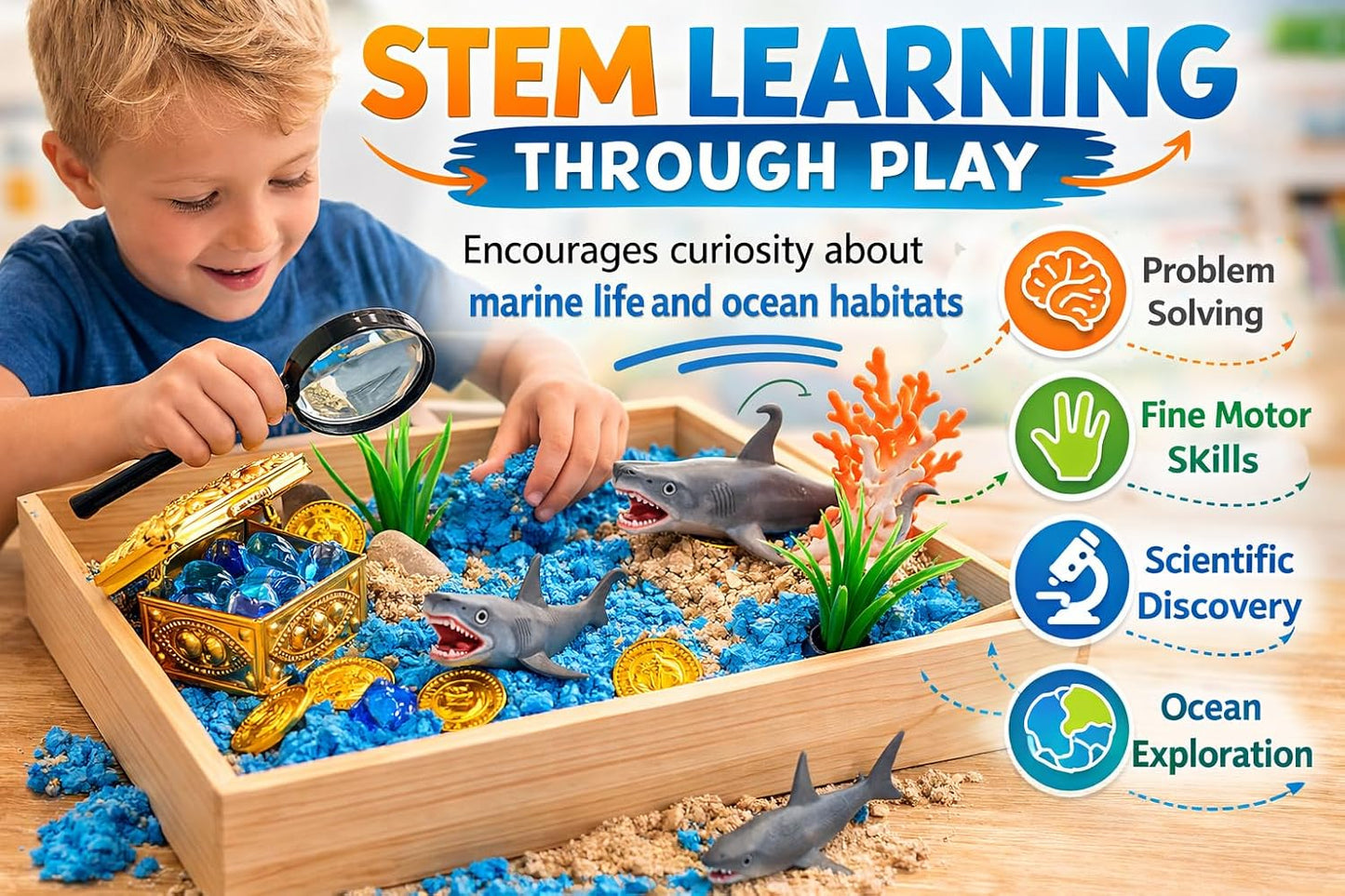 Shark Sensory Bin Kit for Kids - Ocean Sensory Play Kit with Wooden Storage Box, Moldable Sand, Sharks & Treasure Chest - Montessori STEM Learning Toy, Shark Gifts for Boys & Girls Ages 4-8