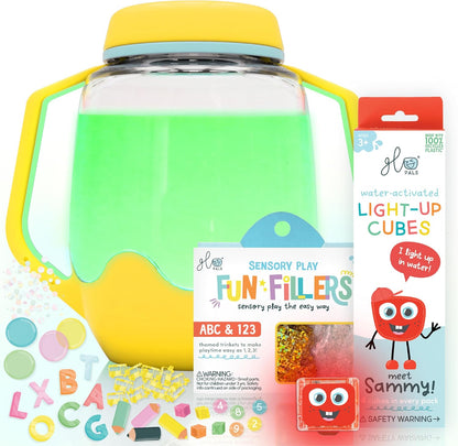 Glo Pals Water Activated Light-Up Sensory Bath Toy Play Jar, 4 Reusable Cubes and Fun Fillers for Bathtime and Sensory Play, Perfect for Kids and Toddlers, Easy As ABC