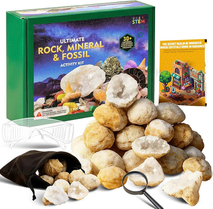 Runyangshi 25 Pcs Morocco Geode Break Your Own Kit - 1.18-1.57 in Natural Geodes with Magnifying Glass, Safety Goggles, Velvet Bag, Instruction Guide, STEM Science Kit for Rock Enthusiasts