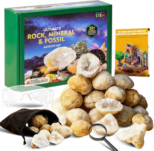 Runyangshi 25 Pcs Morocco Geode Break Your Own Kit - 1.18-1.57 in Natural Geodes with Magnifying Glass, Safety Goggles, Velvet Bag, Instruction Guide, STEM Science Kit for Rock Enthusiasts
