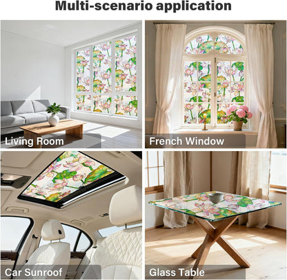 Donox Window Privacy Film Static Cling, Decorative Stained Glass Style Tint, Lotus Pattern with Rainbow Effect for Home and Office, UV Blocking No Glue Removable, 17.5 x 157.4 inches