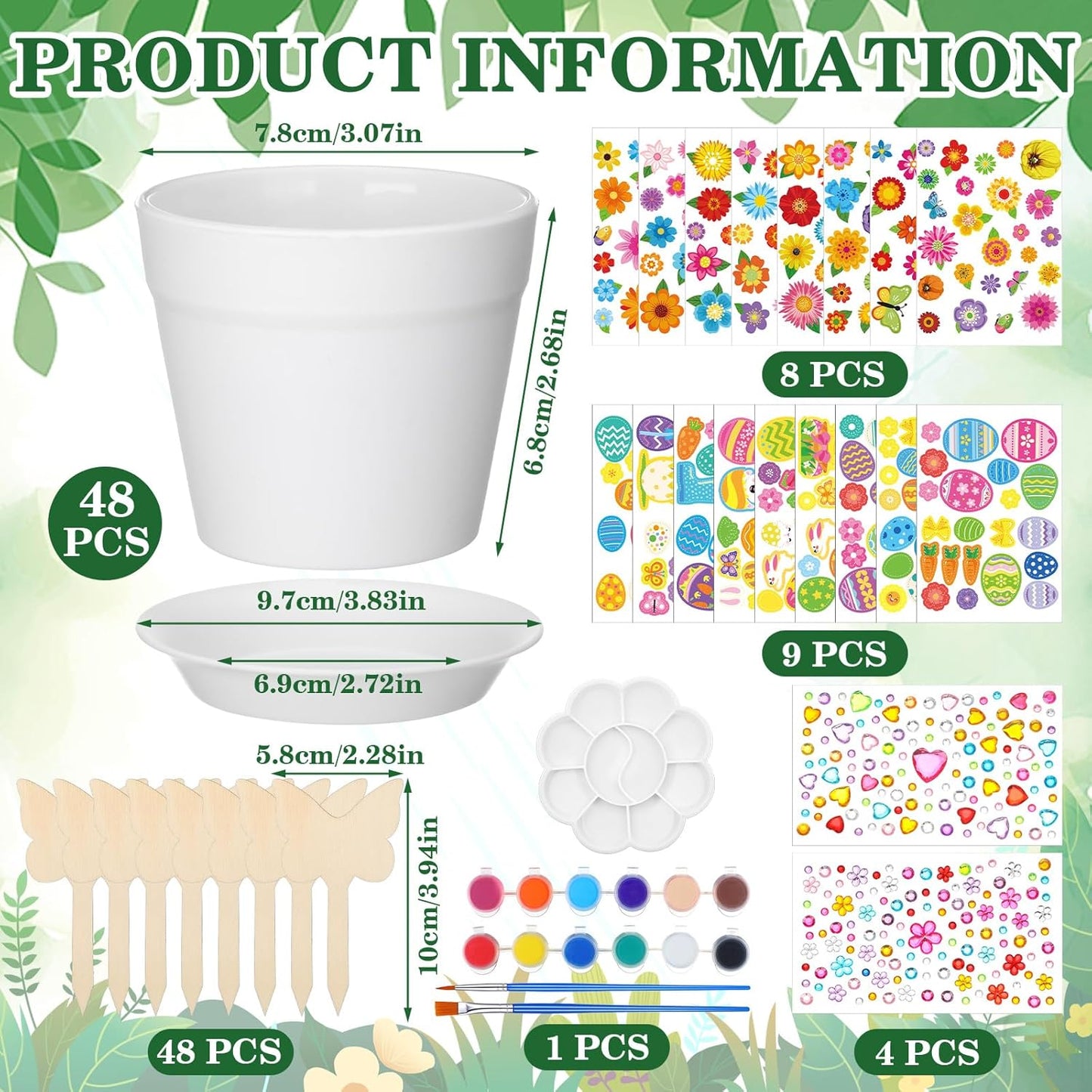 Funnymoom 48 Set Paintable Flower Gardening Kit Bulk DIY Paint and Plant Garden Plastic Flower Pot with Tray Stickers for Home Easter Party Art Mother's Day Spring Gifts Gardening Summer Activities