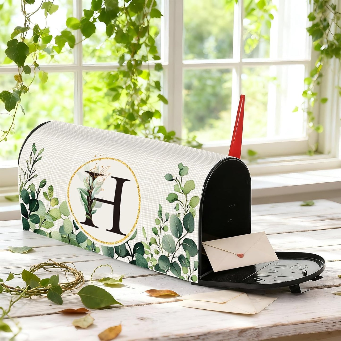 Tiamon Monogrammed L Mailbox Covers Magnetic Eucalyptus Welcome Letter Box Wrap Standard Size 21x18 Inch Spring Summer Leaves Mailbox Decor Eucalyptus Letter Numbers Decoration for Outdoor Garden Yard