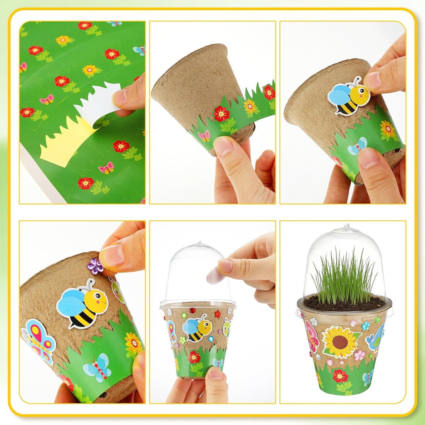 Motipuns Mother's Day Garden Paper Pot Craft Kit Include Plant Flower Peat Pots with Domes 4 Sheet Rhinestones Jewels Stickers and Adhesive Spring Stickers Set for DIY Craft Gifts