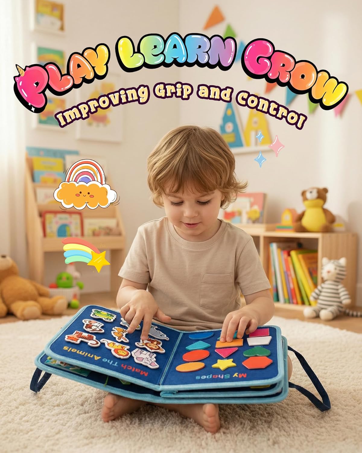 Montessori Busy Book for Toddlers, 8-Page Sensory Activity Book for Fine Motor Skills & Basic Dress Learning, Portable Travel Toy for Preschool Kids, Birthday Gift for Boys and Girls (Blue)