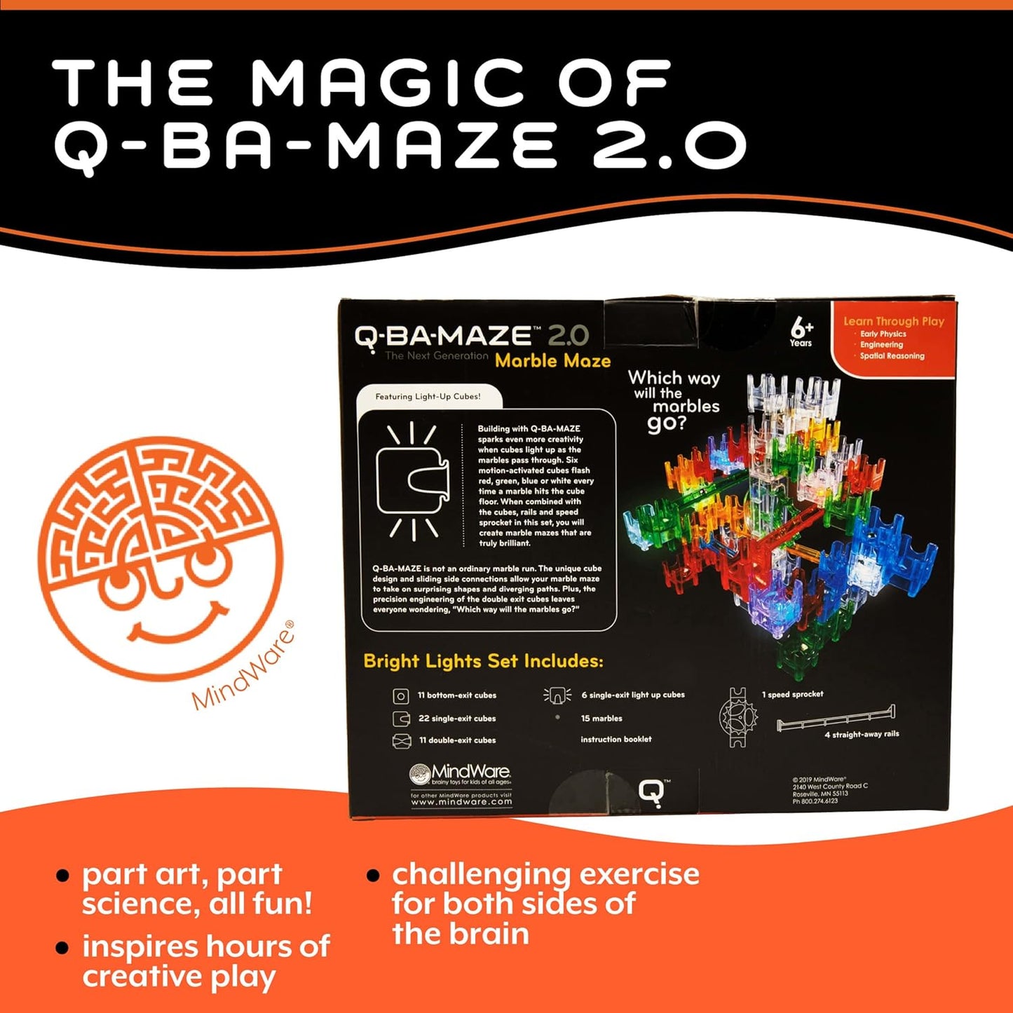 MindWare Q-BA-Maze Bright Lights The Next Generation Marble Maze Kids Toys - STEM Marble Run - Recommended for Ages 6+ - Educational Gift for Boys and Girls