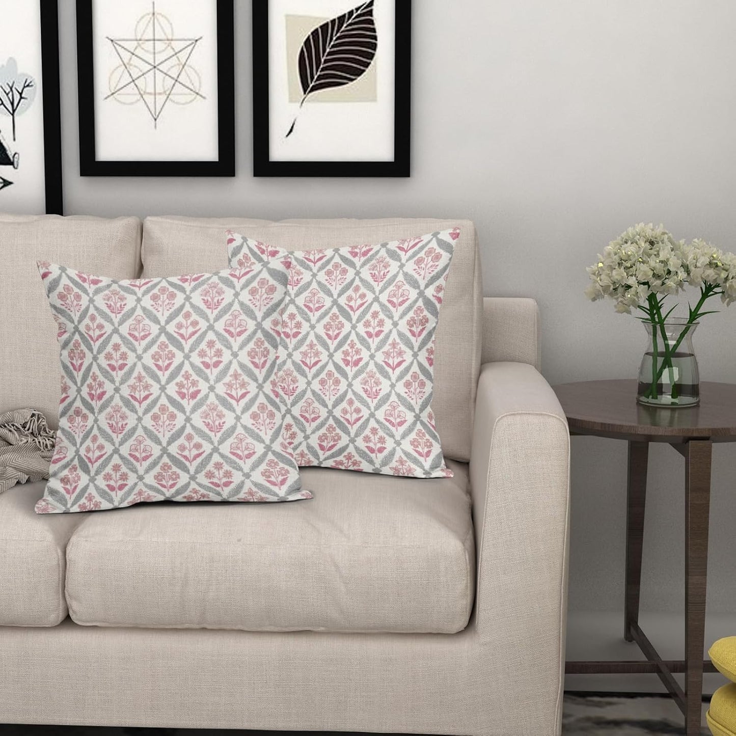 Blue Green Floral Block Print Pillow Covers 12X20 Set of 2, Flower Pattern Spring Summer Print Decorative Throw Pillow Covers Outdoor Farmhouse Seasonal Cushion Case Couch Sofa Bed Decor