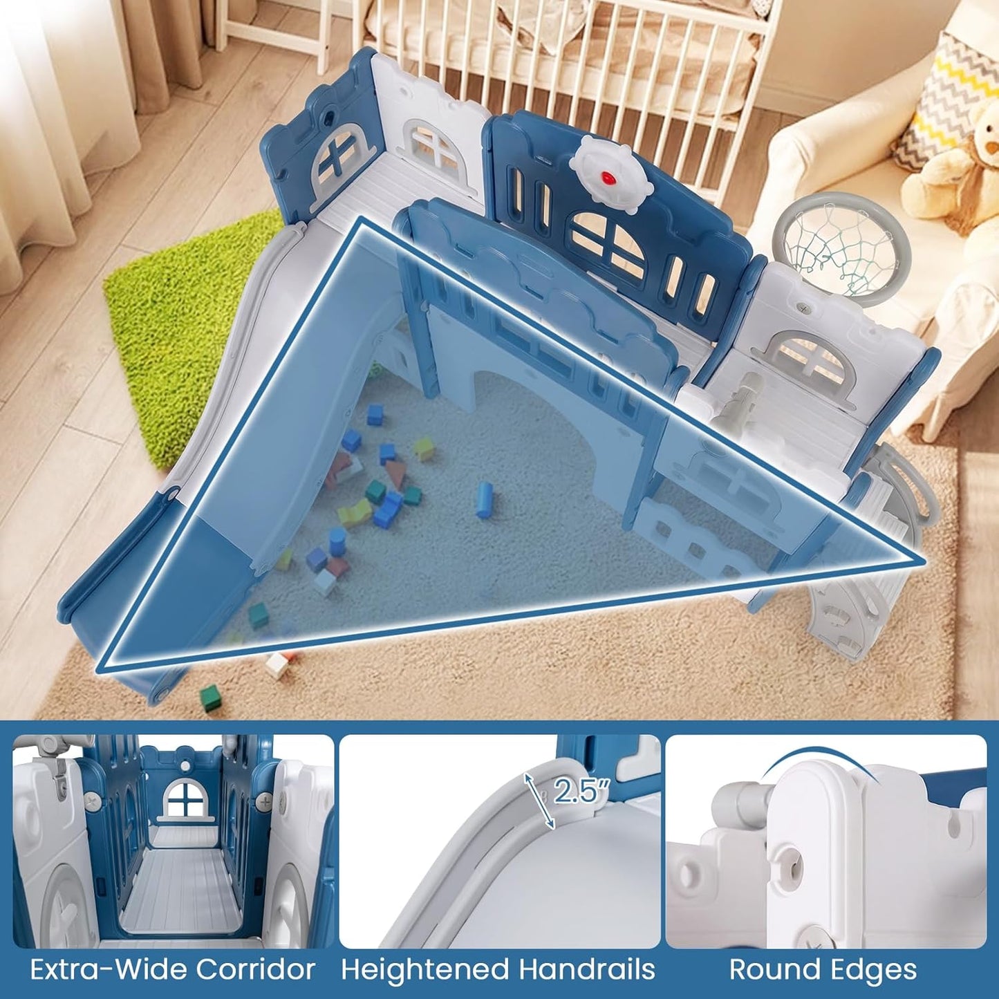 Costzon 8 in 1 Toddle Slide Playset, Freestanding Kids Slide w/Tunnel, Basketball Hoop, Toddler Climber Slide Playset Indoor Playground for Kids 1-3 w/Storage Space, Gifts for Boys Girls (Blue)