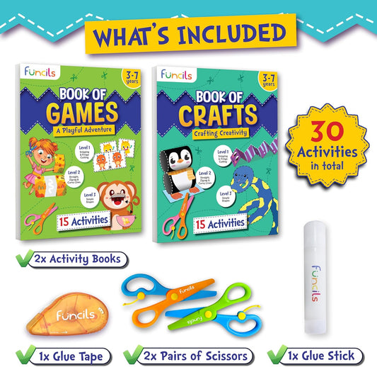 Funcils Toddler Scissor Skills - Art Supplies & Crafts Kit for Kids, Safety Scissors, Fine Motor Toys, Montessori Gifts for Boys & Girls Ages 3, 4, 5, 6, 7 Year Old, Preschool Learning Activity Books