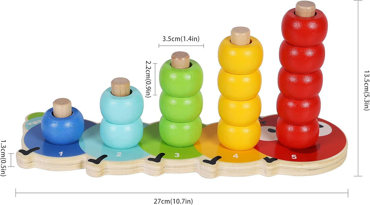 TOWO Wooden Stacking Rings and Counting Games with 45 Rings Number Blocks- Counting Ring Stacker-Wooden Sorting Counting Toy for 3 Years Old Kids Maths Learning Montessori Materials