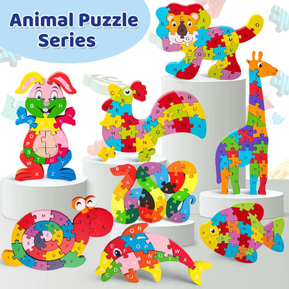 LovesTown Wooden Puzzles for Kids, Double Sided Giraffe Jigsaw with Alphabet & Numbers, Montessori Educational Toy for Toddlers, Chunky Animal Gift