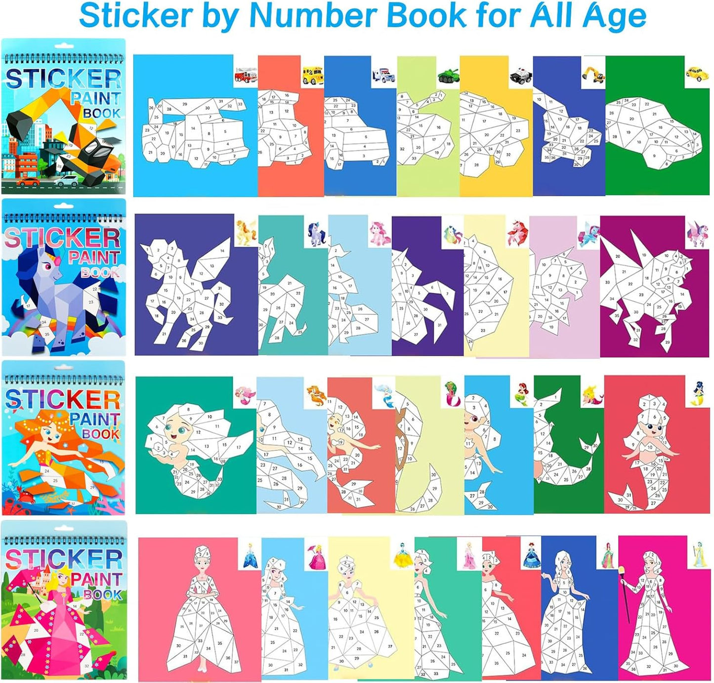 3PCS Sticker Paint Number Books Crafts for Kids Ages 4-8,8-12 Animal Dinosaur Ocean Sticker Book Stickers for Kids Boys Girl Adults for Birthday Party Favors Gift Travel Toy Daycare Activity