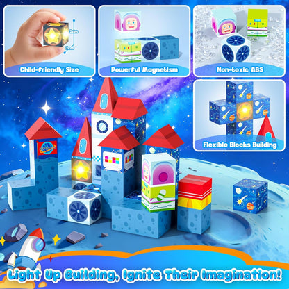 Magnetic Tiles Race Track Set, 52PCS STEM Educational Magnetic Building Blocks with 2 Race Cars, Montessori Sensory Travel Toys for Kids 3 4 5 6 7 8, Birthday for Boys & Girls