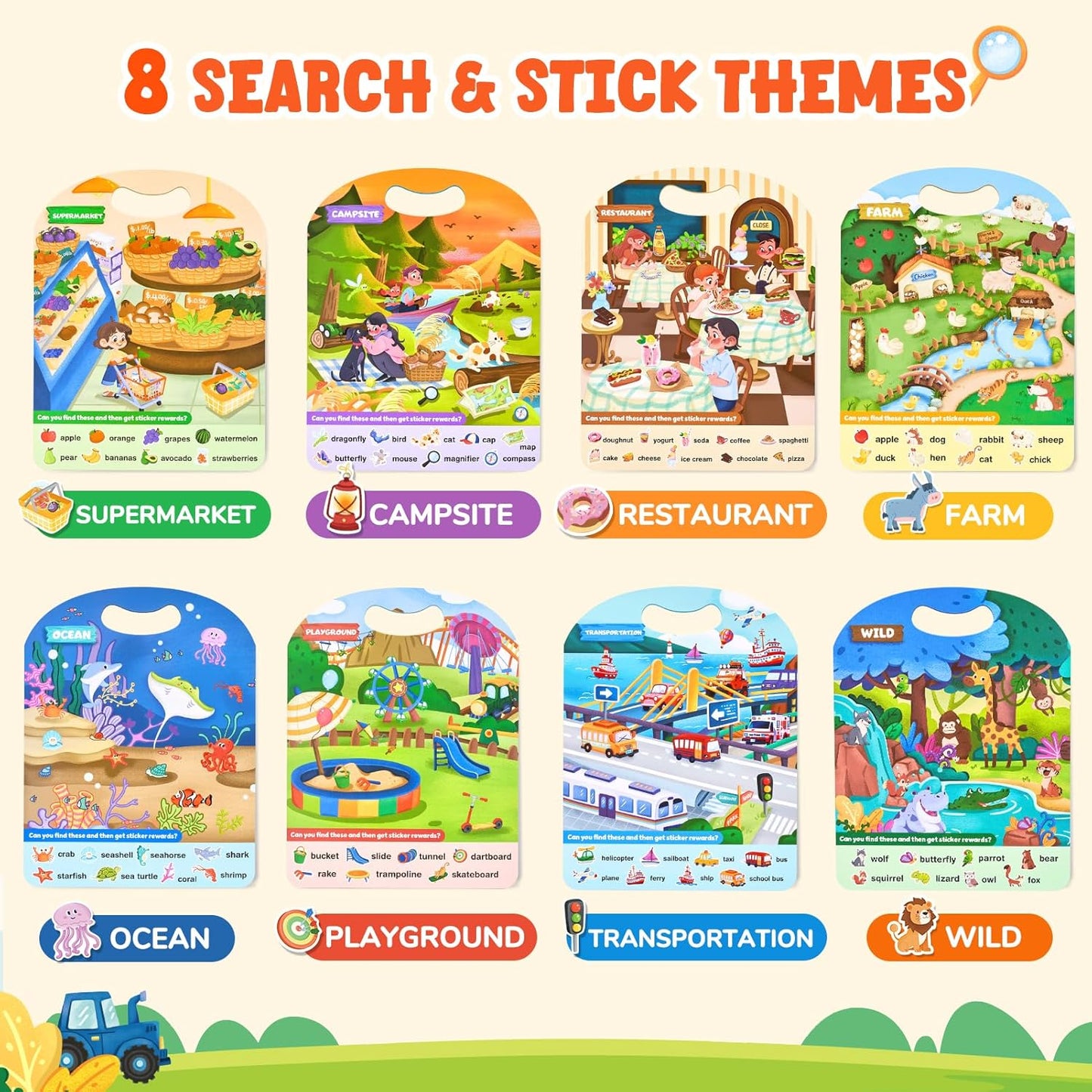 JoyCat Reusable Sticker Book Set (3-Pack): Farm, Pizza-Making, Weather - 90 Pcs Stickers for Toddlers, Kids Sticker Activity Book, Road Trip Travel Toys, Birthday Gifts for Boys and Girls
