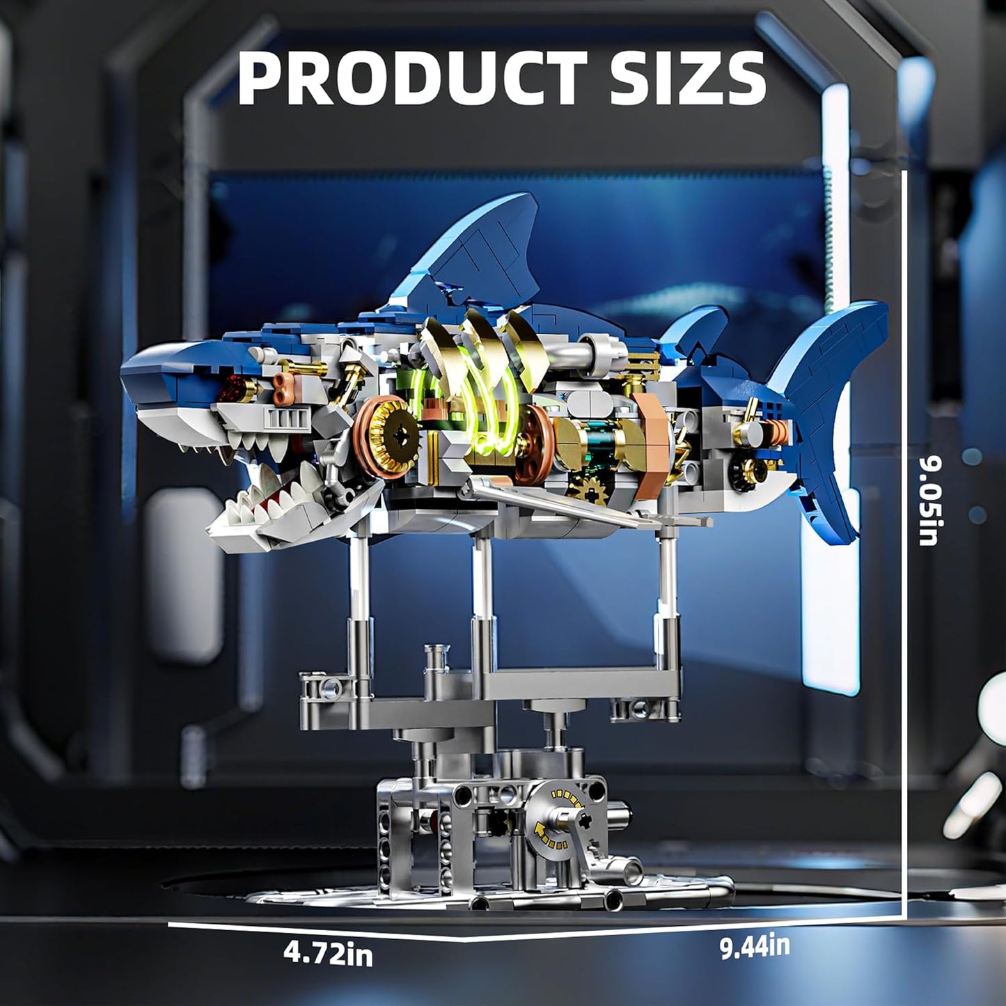 1085-PCS Mechanical Piranhas Fish Building Set with LED Light, Movable Linkage Gears, Display Stand,Mechanical Fish