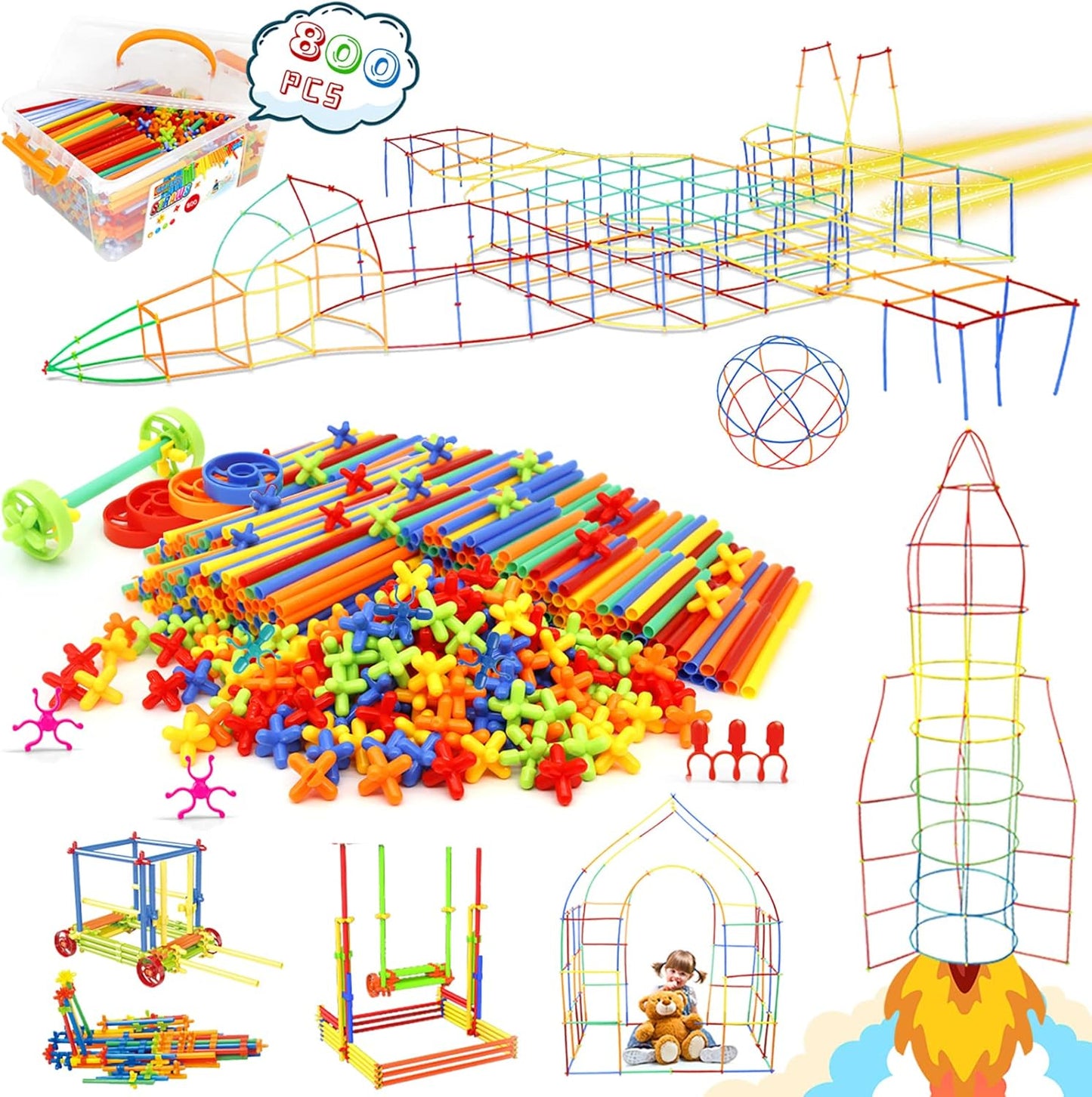 Ggiibro Straw Constructor Toys 600Pcs STEM Building Toy Interlocking Plastic Engineering Thin Tube Blocks Educational Kit for 3 4 5 6 7years Kids Boys and Girls Gift Preschool Toy with Storage Box