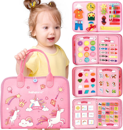 hahaland Busy Board for Toddlers - Montessori Toys Preschool Learning Activities with Life Skills, Alphabet, Number, Shape, Color, Animal, Weather - Toddler Boy Learning Educational Toys, Travel Toys